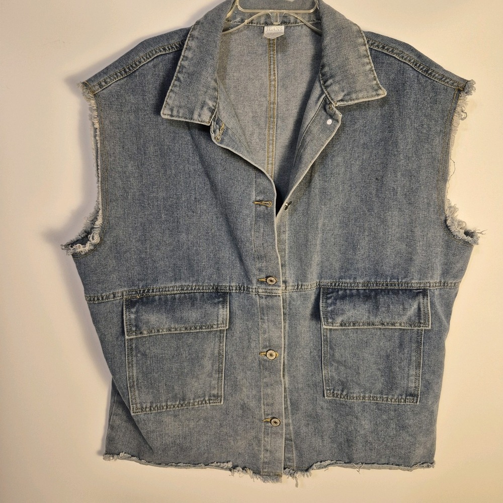 JEANS 2X Unisex Denim Retro Vintage Style  Cut Off Frayed Edges Button Down Vest